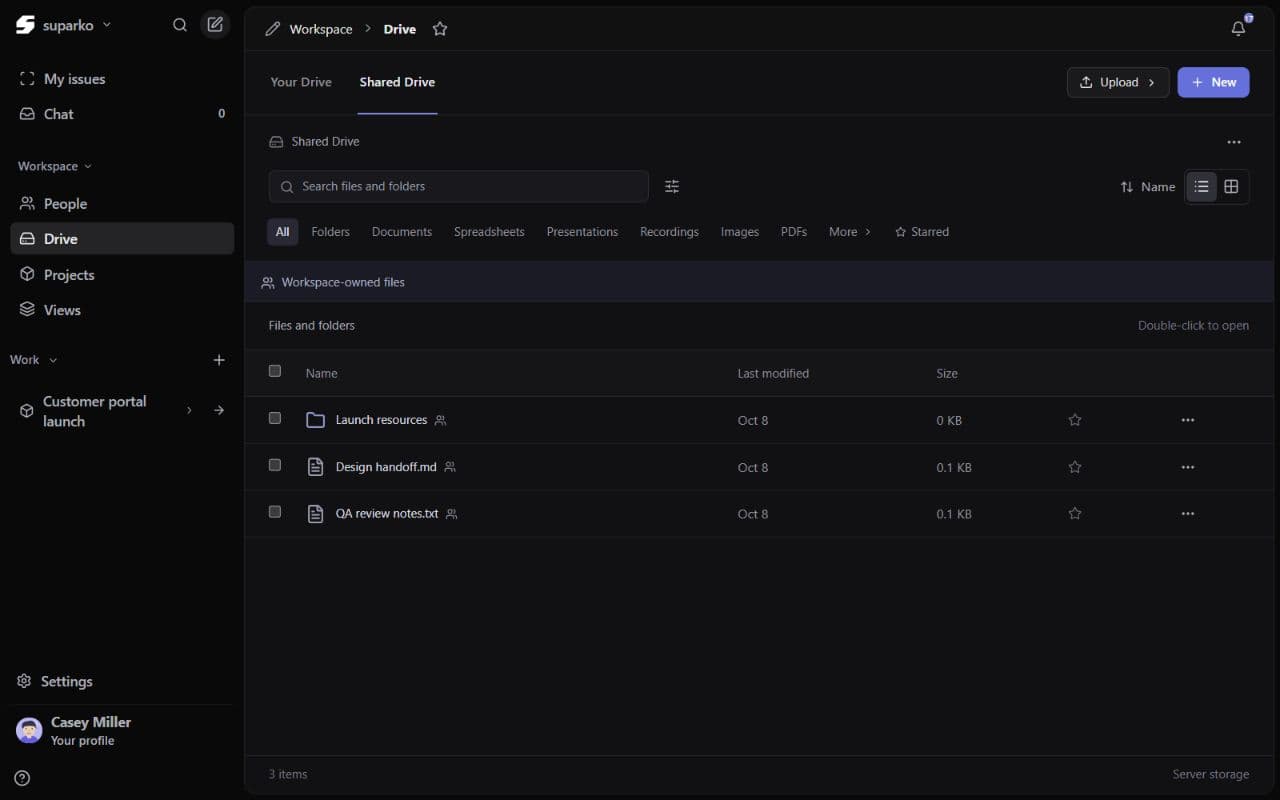 Suparko Drive showing example project files and folders