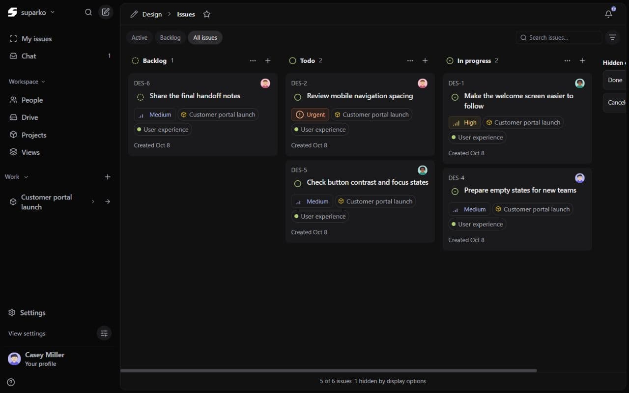 Suparko issue board with sample tickets grouped by workflow status