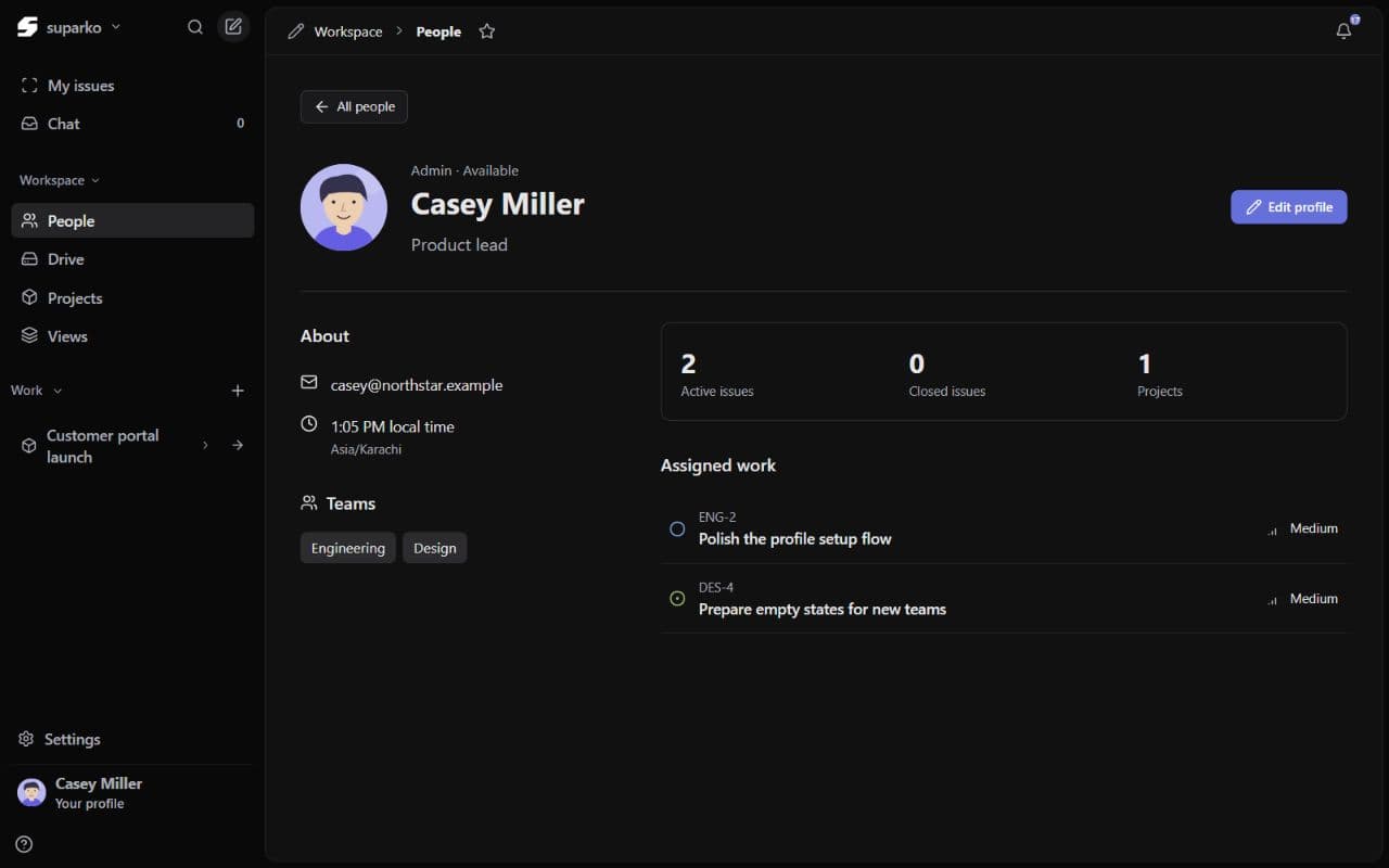 Suparko profile page for a fictional team member with their avatar, availability and local timezone