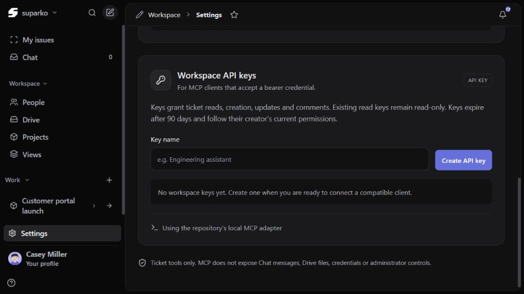 Suparko workspace API-key section showing key creation controls without any API keys or credentials