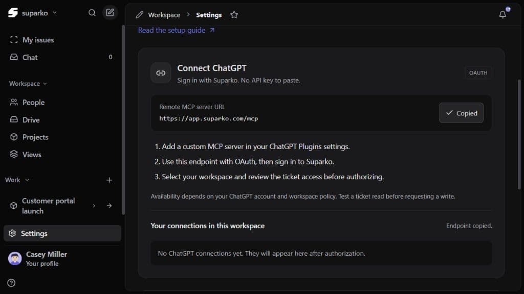 Suparko MCP settings showing the public remote server URL and OAuth setup guidance in a fictional local workspace