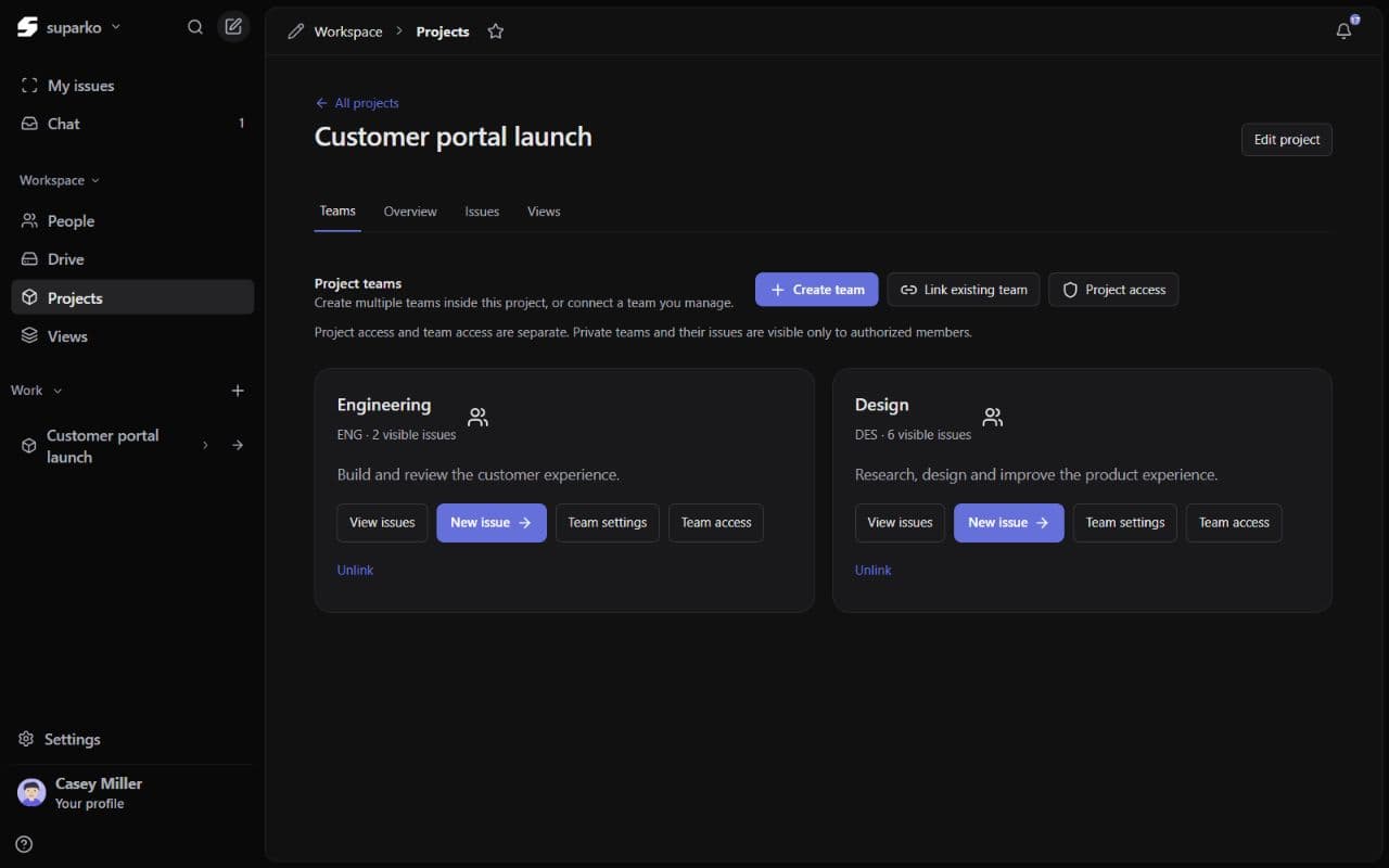 Suparko project Teams tab showing teams linked to a fictional Northstar Studio project